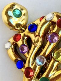 gold vintage clip on whit colorful gems