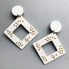 White Acrylic Clip Earrings With Gold Detail