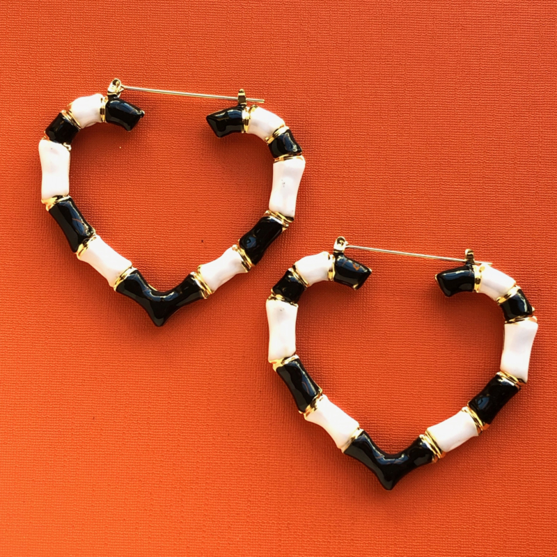 Large Heart Bamboo Black and White Earrings