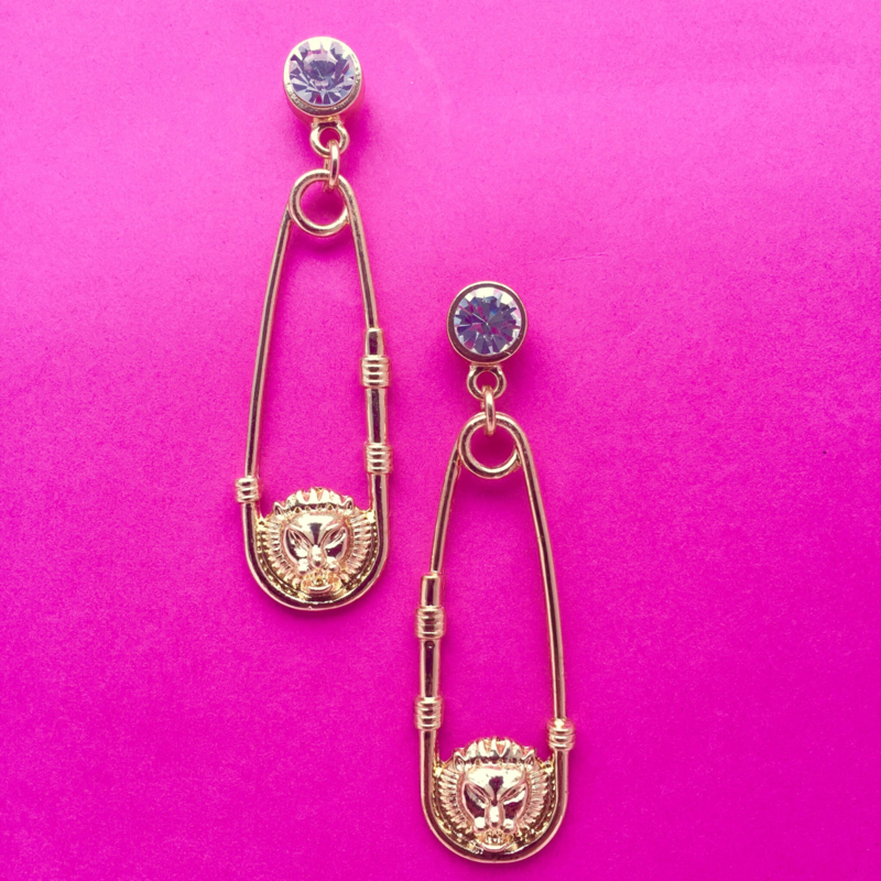 Lion Safetypin Gold Earrings with Gems