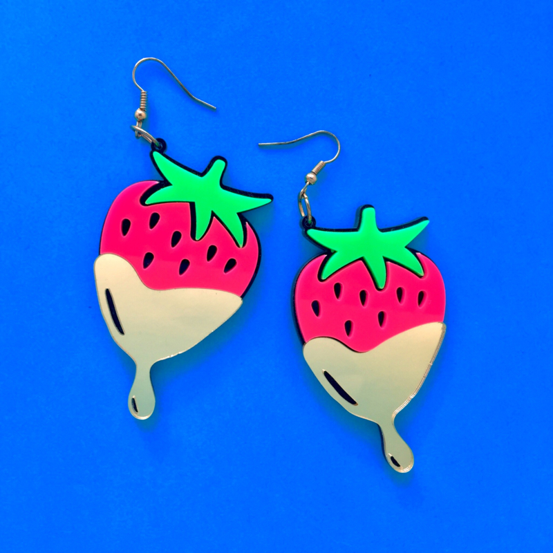 Pink and Gold Strawberry Acrylic Earrings