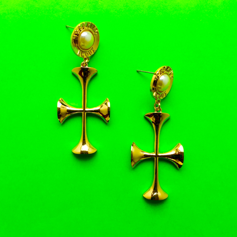 Gold and Pearl Cross Earrings