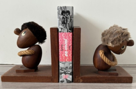 Teakhouten boekensteunen optimist & pessimist