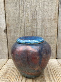 Raku dekselpot blauw rood