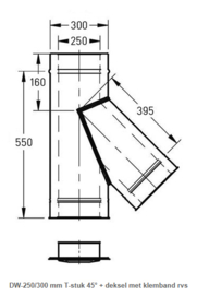 DW-250/300 mm T-stuk 45° + deksel met klemband rvs