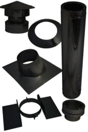 Complete dakdoorvoer houtkachel set 80/130 mm voor schuin dak bitumen ZWART