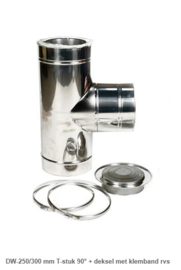 DW-250300 mm T-stuk 90° + deksel met klemband rvs
