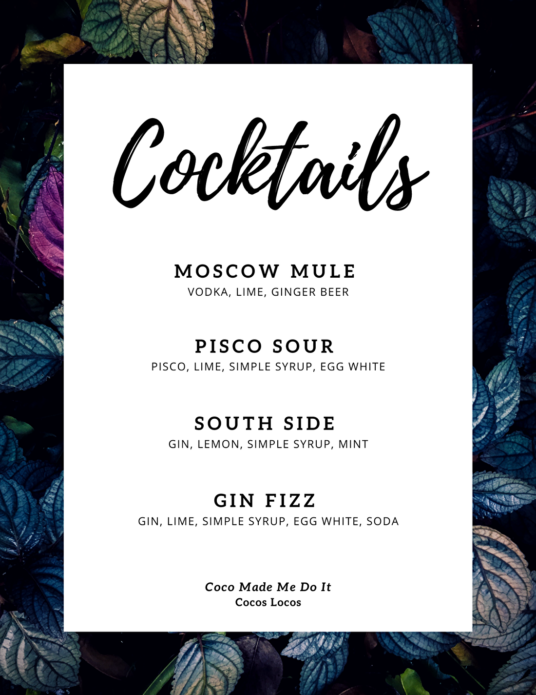 Cocktail menu foodtruck