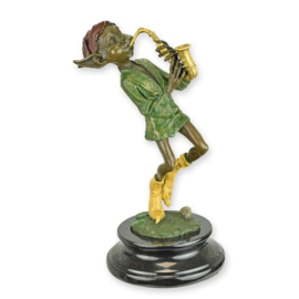 Bronzen Sculptuur van een Goblin die Saxofoon Speelt
