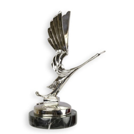 Bronzen Art Deco Ooievaar Auto Mascotte - Antiek Zilver