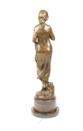 Bronzen beeld van een art Deco vrouw met bloem in haar hand