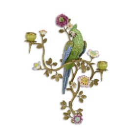 Bronzen porseleinen tweearmige wandapplique met papagaai en bloemendecoratie