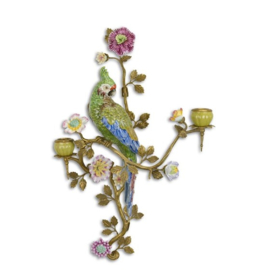 Bronzen porseleinen tweearmige wandapplique met papagaai en bloemendecoratie