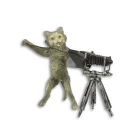 Een bronzen beeld van een kat fotograaf