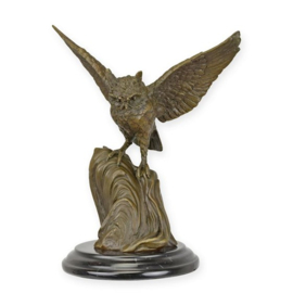 Een Bronzen Beeld van een Uil die zijn Vleugels Spreidt
