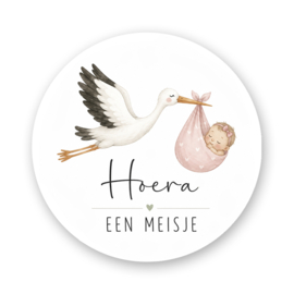 Sluitsticker Hoera een Meisje met Ooievaar – Geboorte Sluitzegel