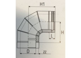 Dubbelwandig rookkanaal RVS, bocht 90° graden 4-segment, diameter Ø150-200