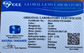 Tanzaniet facetgeslepen 10,30 ct met GGL certificaat