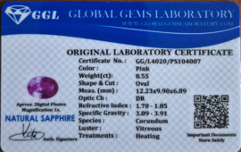 Roze facetgeslepen Saffier 8,55 ct met GGL certificaat verkocht