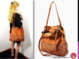 Ruime vintage leren schoudertas / shopper met vlechtwerk tan