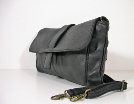 Basic vintage leren schoudertasje / crossbody met flap  diepzwart