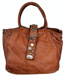 Vintage leren schoudertas / shopper tas met decoratieve band tan