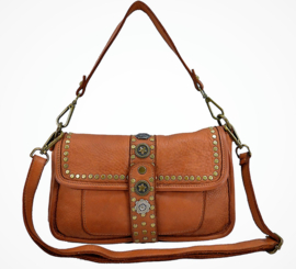 Vintage leren schoudertas / crossbody met decoratieve flap tan