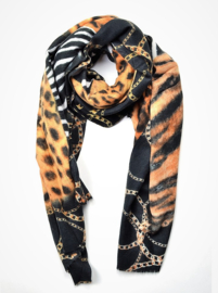 Warme sjaal panter / zebra met kettingprint zwart multi