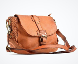 Vintage leren stoere saddle bag met studs en vlechtwerk tan