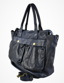 Vintage leren shopper tas met vakken donkerblauw