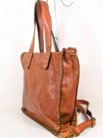 Vintage leren shopper tas met  stoere studs tan