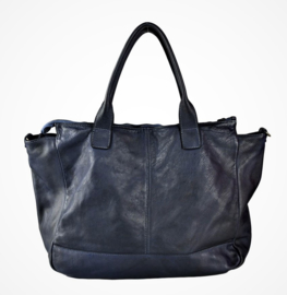 Vintage leren shopper tas met vakken donkerblauw