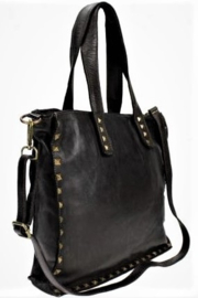 Vintage leren shopper tas met  stoere studs zwart