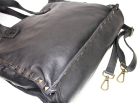 Vintage leren shopper tas met  stoere studs zwart