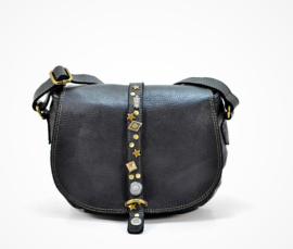 Vintage leren stoere saddle bag met decoratieve band zwart