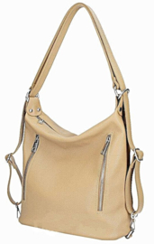 2-in-1! Leren schoudertas / rugtas met ritsen  taupe Medium