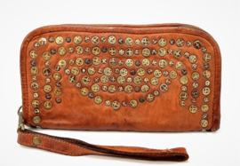 Vintage leren gevlochten phone-portemonnee-clutch more studs tan