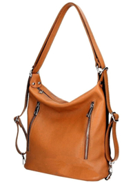 2-in-1! Leren schoudertas / rugtas met ritsen trendy tan Medium