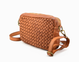 Vintage leren boxy schoudertasje / crossbody vlechtwerk tan