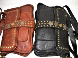 Vintage leren schoudertas / crossbody met decoratieve flap zwart