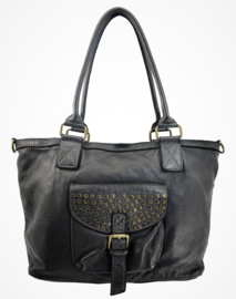 Vintage leren shopper tas met studs  op klepvak zwart