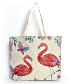 Canvas strandtas / shopper flamingo's multicolor
