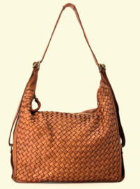 2-in-1! Ruime vintage leren schoudertas / rugtas gevlochten voorkant tan