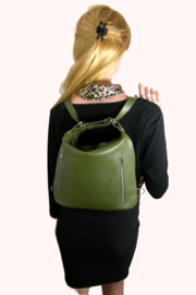 2-in-1! Leren schoudertas / rugtas met ritsen  taupe Medium