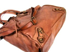 Vintage leren shopper / schoudertas gespen & studs tan