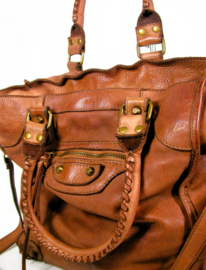 Vintage leren shopper / schoudertas gespen & studs tan