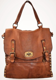 3-in-1! Vintage leren rugtas / schoudertas  met flap & studs tan