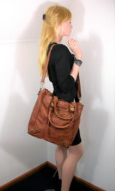 Vintage leren shopper / schoudertas gespen & studs tan