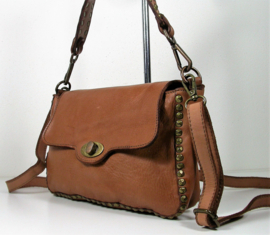 Vintage leren schoudertas / crossbody met stoere schouderband tan