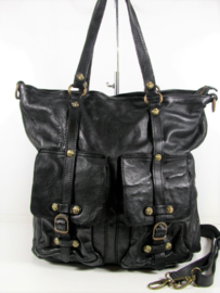 Vintage leren shopper tas klepvakken diep zwart